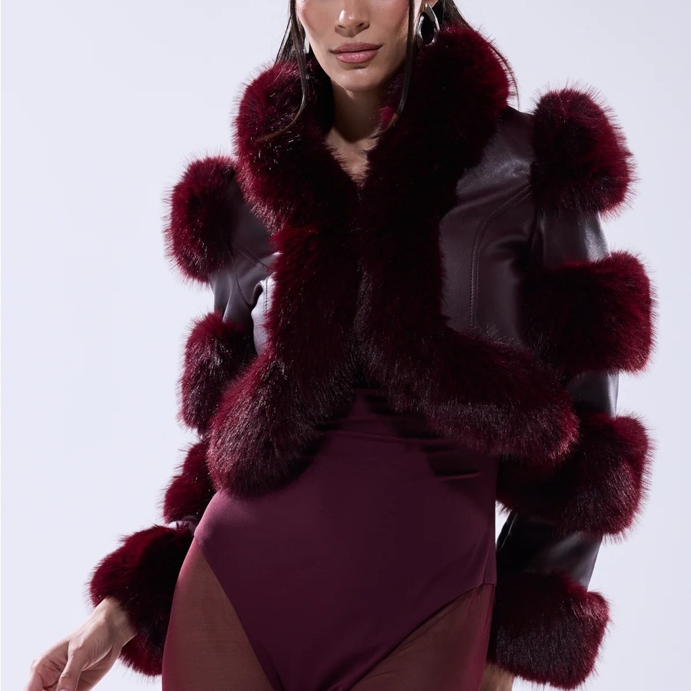 LOVERBOY FAUX FUR MOTO JACKET IN BURGUNDY Elegant Coat Sold Out L Large Akira
